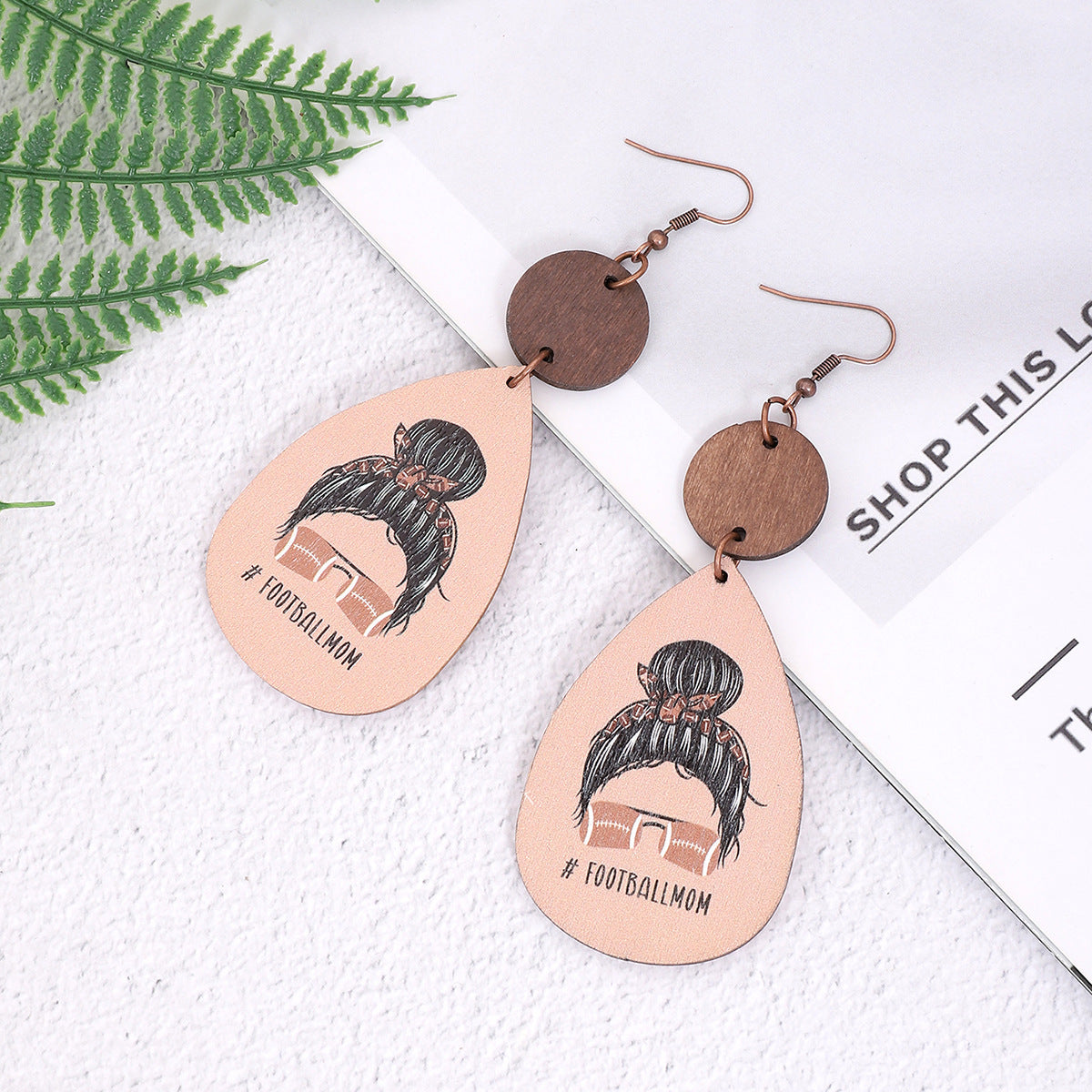 Wholesale Teardrop-shaped sporty wood stud earrings